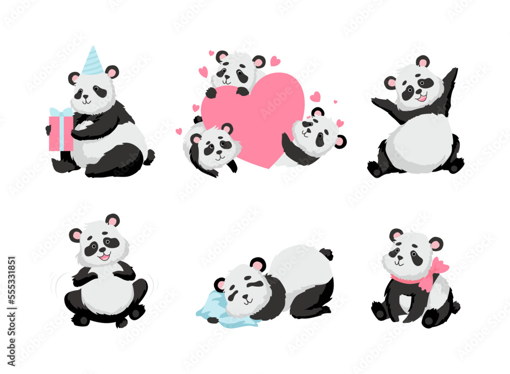 Panda Bear with Black-and-white Coat and Rotund Body Vector Set Panda Bear with Black-and-white Coat and Rotund Body Vector Set