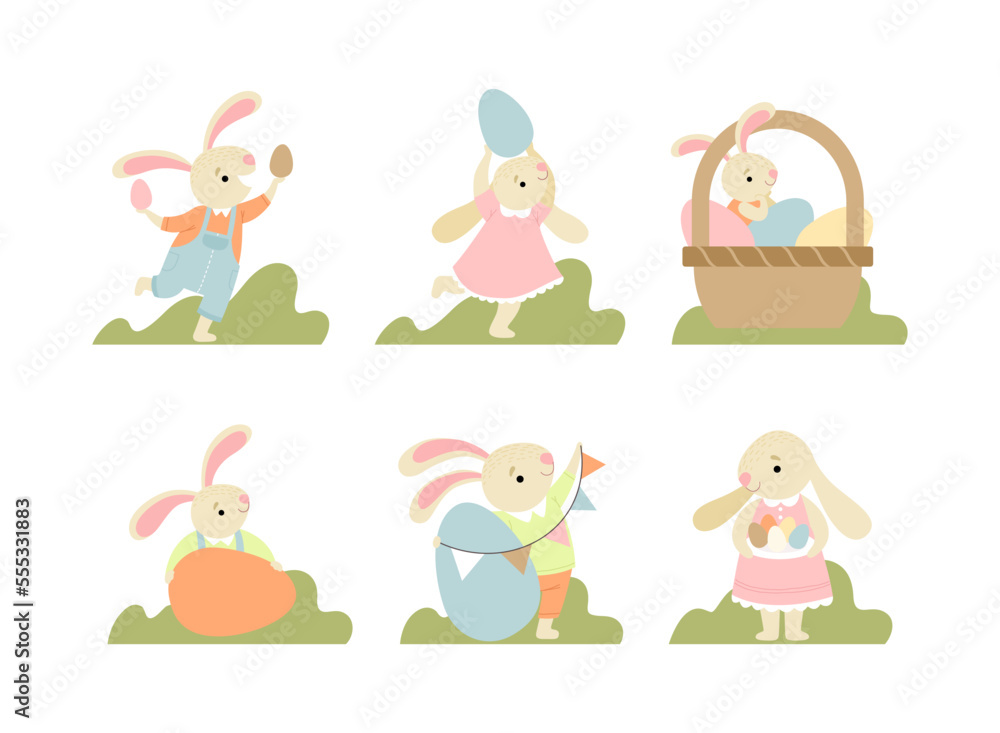 Cute Easter Bunny with Eggs in the Garden Vector Set