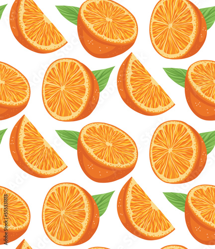 Vector seamless pattern with small orange slices with foliage on white background. Texture with cartoon juicy fruit with leaves. Summer background