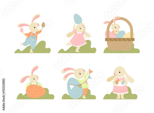 Cute Easter Bunny with Eggs in the Garden Vector Set