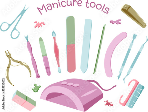 Manicure set of tools and equipment pastel coloured flat style isolated on white background