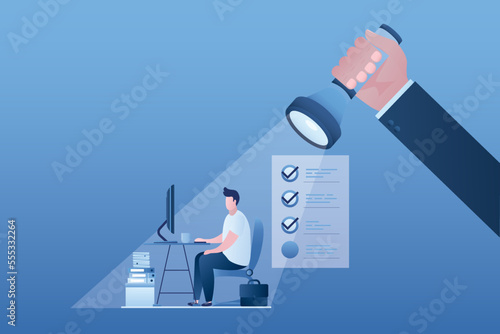 Boss hand use flashlight to lighting and evaluate his employee according to each items. Employee performance assessment, giving review to improve productivity, individual work rating.