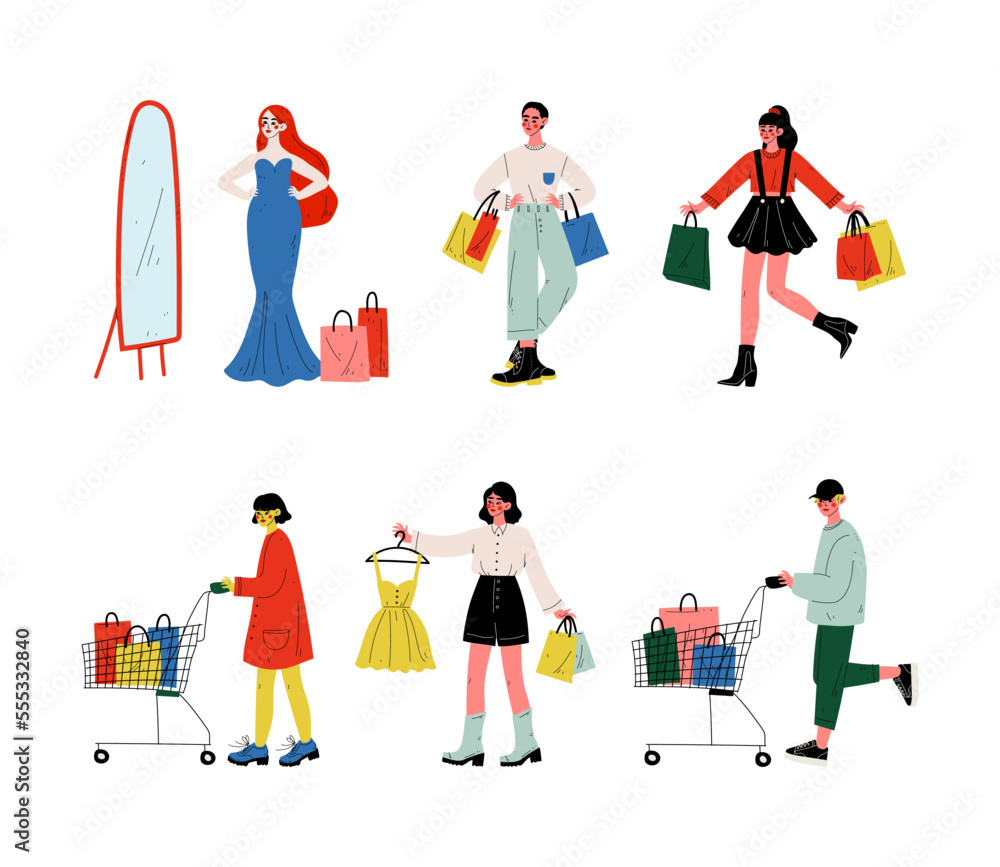Man and Woman with Shopping Bags Making Purchase in Shopping Mall Vector Set