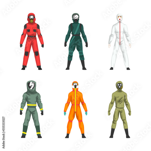 Man in Hazmat Suit as Personal Protective Equipment with Impermeable Garment Vector Set
