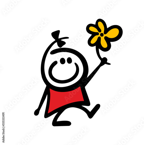 A little girl walks merrily and waves a big yellow flower.
