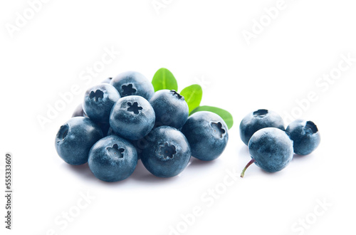 Blueberries with leaves on white backgrounds.