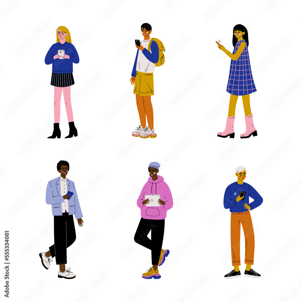 People Character Using Smartphone and Tablet Chatting and Surfing Internet Vector Set