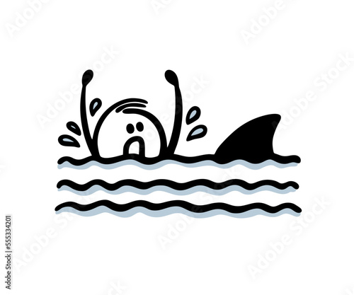 A man in the water calls for help, screams and is afraid of a shark.