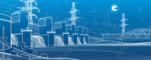 Hydro power plant. River Dam. Renewable energy sources. High voltage transmission systems. Power lines. Train rides on bridge. City infrastructure industrial illustration. Vector design art