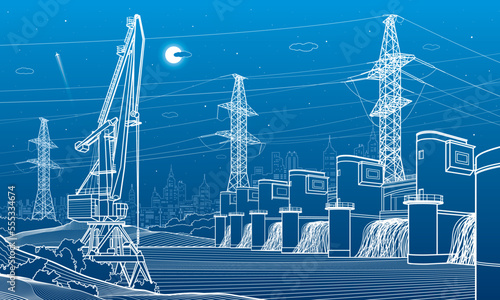 Hydro power plant. River Dam. Renewable energy sources. Cargo crane. High voltage transmission systems. Electric pole. Power lines. City infrastructure industrial illustration. Vector design art
