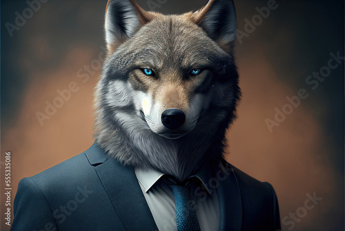 Portrait of wolf in a business suit, generative ai