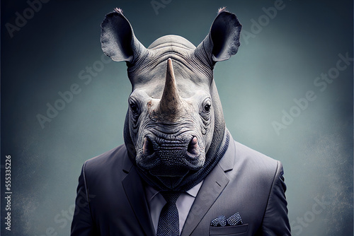 Portrait of rhinoceros in a business suit, generative ai photo
