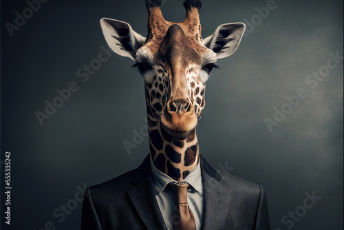 Portrait of giraffe in a business suit, generative ai