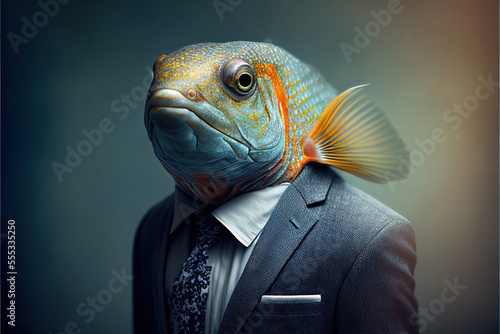 Portrait of fish in a business suit, generative ai