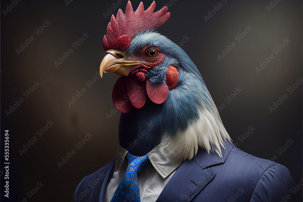 Portrait of Rooster in a business suit, generative ai