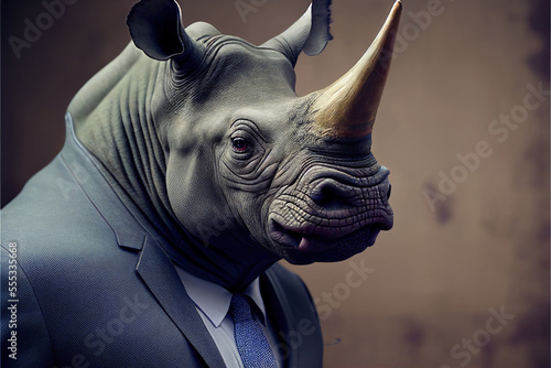Portrait of Rhinoceros in a business suit, generative ai