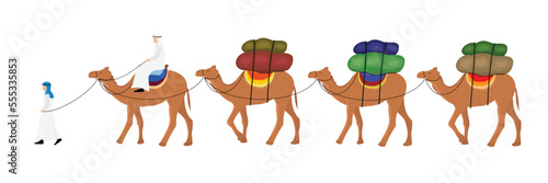A caravan with camels and Bedouins. Camels walk in line with cargo isolated on a white background. Vector illustration.