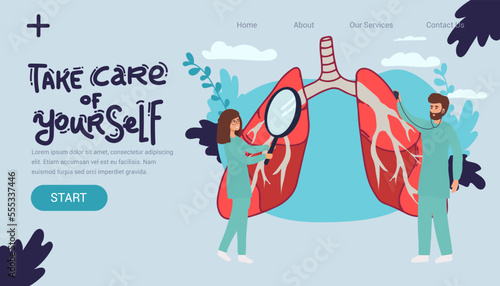 Pulmonology vector illustration. Flat tiny lungs healthcare persons concept. Abstract respiratory system examination and treatment. Internal organ inspection check for illness. landing page.