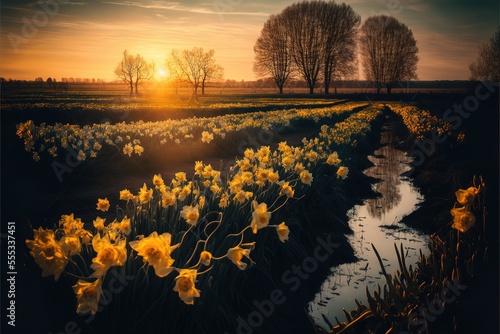 Amazing sunset over the field of beautiful yellow wild daffodils. Blooming narcissus in spring. Generative AI
