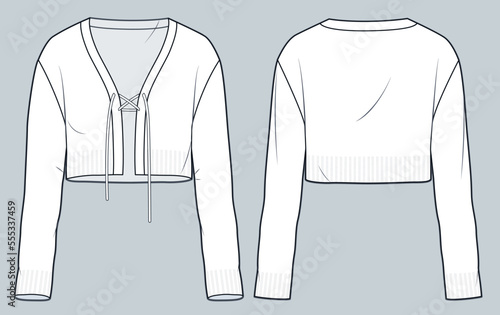 Women's Cardigan technical fashion illustration. Cropped knit Cardigan fashion flat technical drawing template, v neck, long sleeve, lace-up, front and back view, white, CAD mockup.