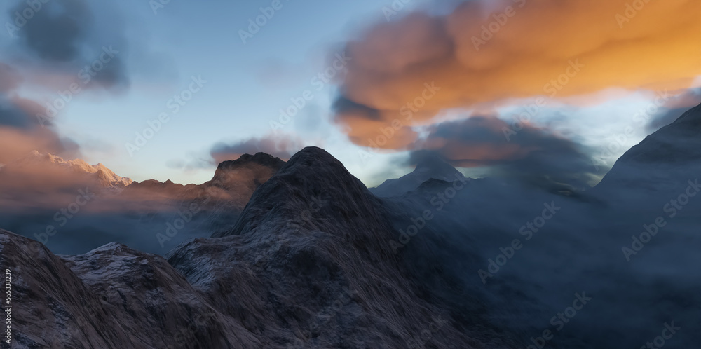 Rocky Mountain Landscape Nature Background. Cloudy Sunset or Sunrise Sky. 3d Rendering