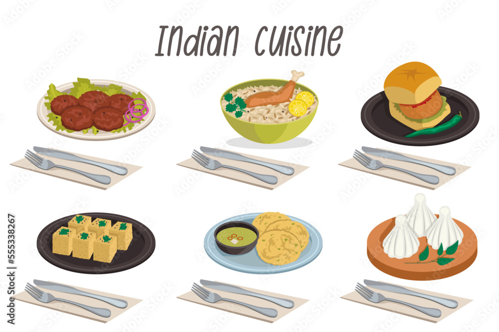 Set of 6 illustrations of Indian food dishes: tunde kebab, dokla, makki ki roti and sarson ka, biryani, vada pav, modak with cutlery. Set of 6 illustrations of Indian food dishes: tunde kebab, dokla, makki ki roti and sarson ka, biryani, vada pav, modak with cutlery.