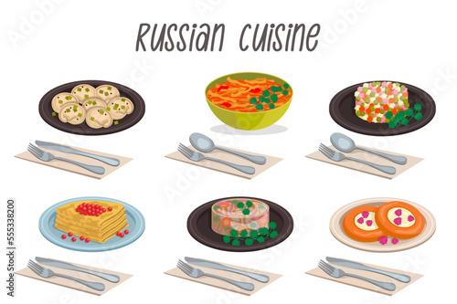 Russian cuisine. Pelmeni (dumplings), olivier, shchi soup, pancakes, aspic, vatrushka with cutlery. Vector graphic.	