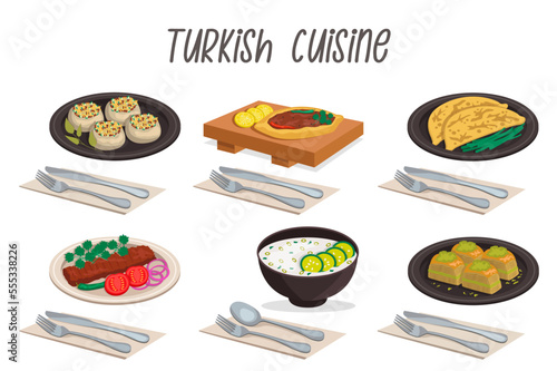 Set of 6 illustrations of Turkish cuisine: adana kebab, cacik, pide, gozleme, firynda matar, baklava with cutlery.