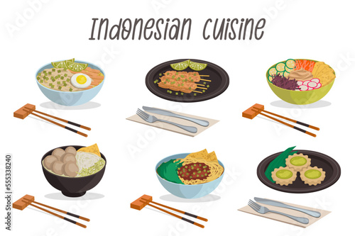 Indonesian food. Sate, soto ayam, bakso, gado gado, mi ayam, susu pie with cutlery. Vector graphic.	