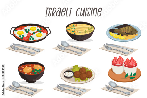 Set of Israeli food illustrations. Hummus, shakshuka, tilapilla fish, hamin (cholit), falafel, malabi with cutlery.