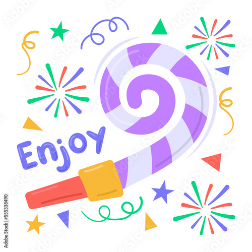 A flattened and rolled party blower, flat sticker design of party horn
