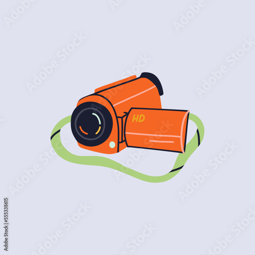 Retro video camera illustration. Analogue filming equipment. Red old fashioned camcorder. Travel report concept. All items are isolated. 