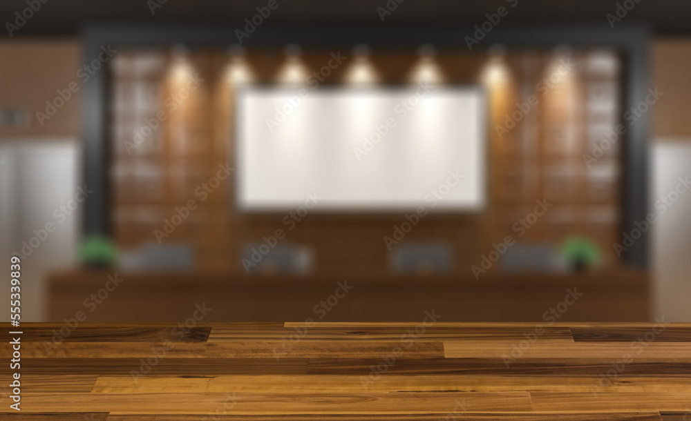 Modern meeting room. 3D rendering.. Background with empty wooden table. Flooring.