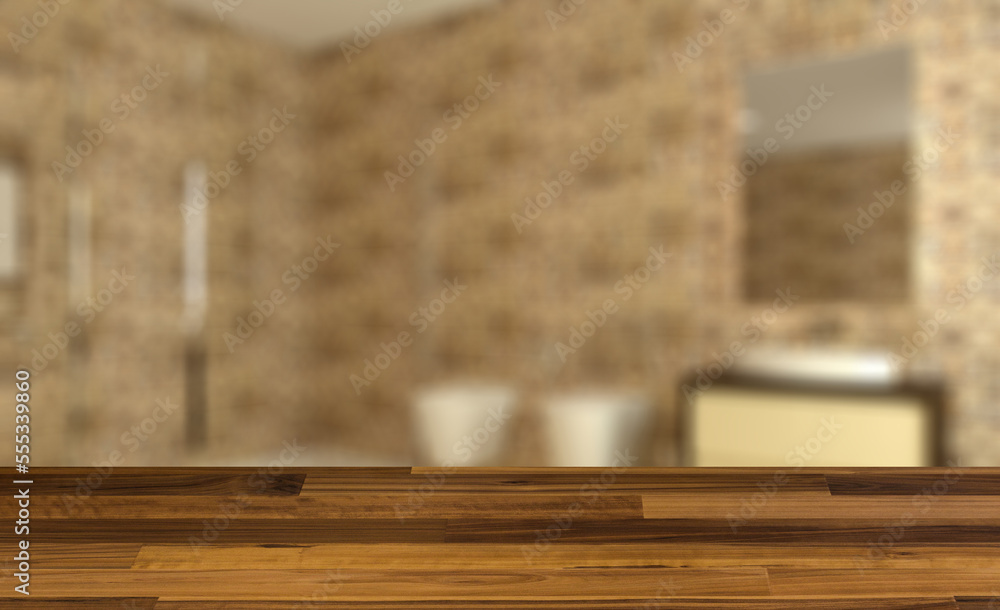 Spacious bathroom in gray tones with heated floors, freestanding. Background with empty wooden table. Flooring. Spacious bathroom in gray tones with heated floors, freestanding. Background with empty wooden table. Flooring.
