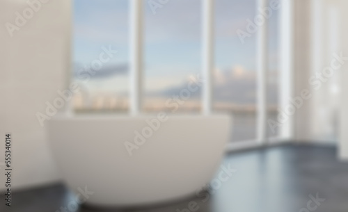 Spacious bathroom in gray tones with heated floors  freestanding. Abstract blur phototography.