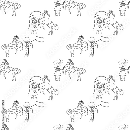 Vector seamless pattern with cowgirl and cowboy on horses. Chidren illustration for fabric, background, wallpaper.