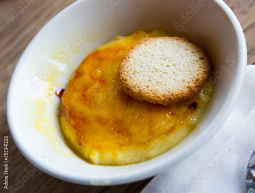 Close up of traditional French dessert Creme Brulee
