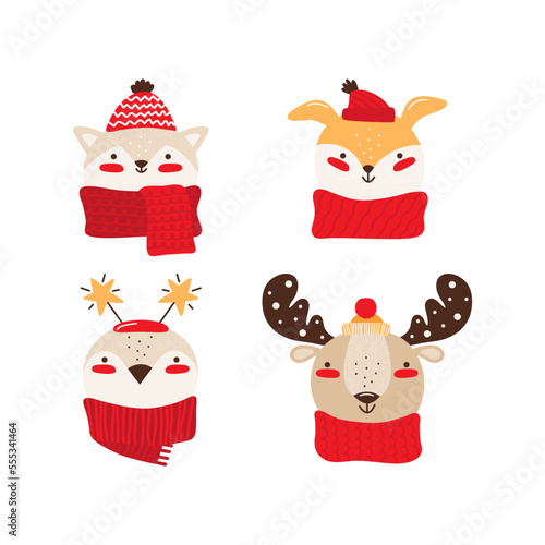 Happy baby animals for Christmas or New year. Cat, dog, penguin, moose in winter accessories. Collection cute cartoon characters with smiling faces isolated on white background. Vector illustration.