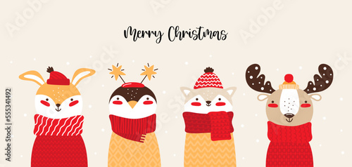 Cute forest baby animals in winter clothes. Cartoon character elk, rabbit, hare, penguin, cat in knitted hat, scarf and sweater. Merry Christmas horizontal banner or greeting card. Vector illustration