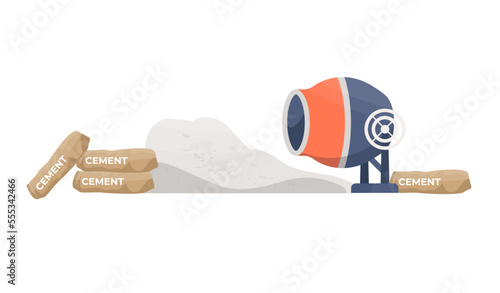 Cement mixer isolated. Cement packages for the construction site. Flat vector illustration.