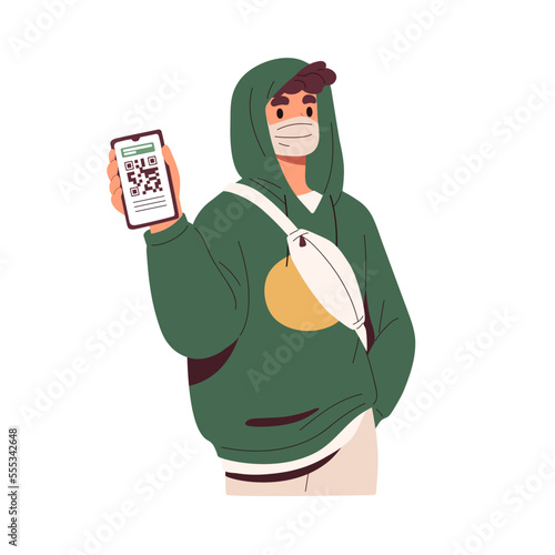 Digital Covid-19 certificate, QR code of vaccine on mobile phone screen. Vaccinated man in mask showing valid coronavirus immunity document. Flat vector illustration isolated on white background