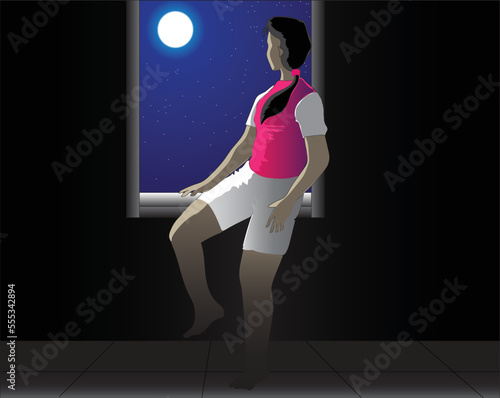 vector design of night view from a window where a girl is sitting on the edge of the window sill looking out the window looking at the moon and starry sky