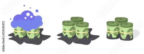 Money dirty finance or cash oil corruption criminal business concept vector icon illustration, black dishonest currency laundering wash clean, fraud economy, fake illegal finances cartoon image