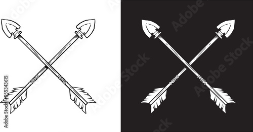 Illustration of crossed ancient arrows. Design element for poster, card, banner, emblem, sign. Vector illustration