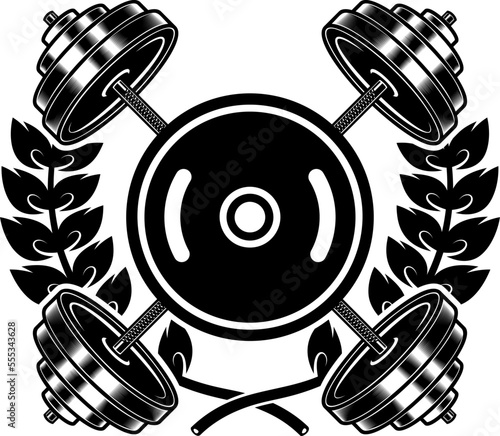 Emblem template with crossed barbells and wreath. Design element for logo, sign, emblem. Vector illustration