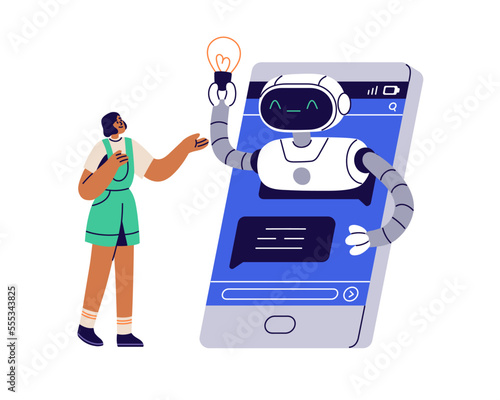 AI chat bot and customer communication. Chatbot answering, solving problem online via phone messenger. Internet support, help of android. Flat graphic vector illustration isolated on white background