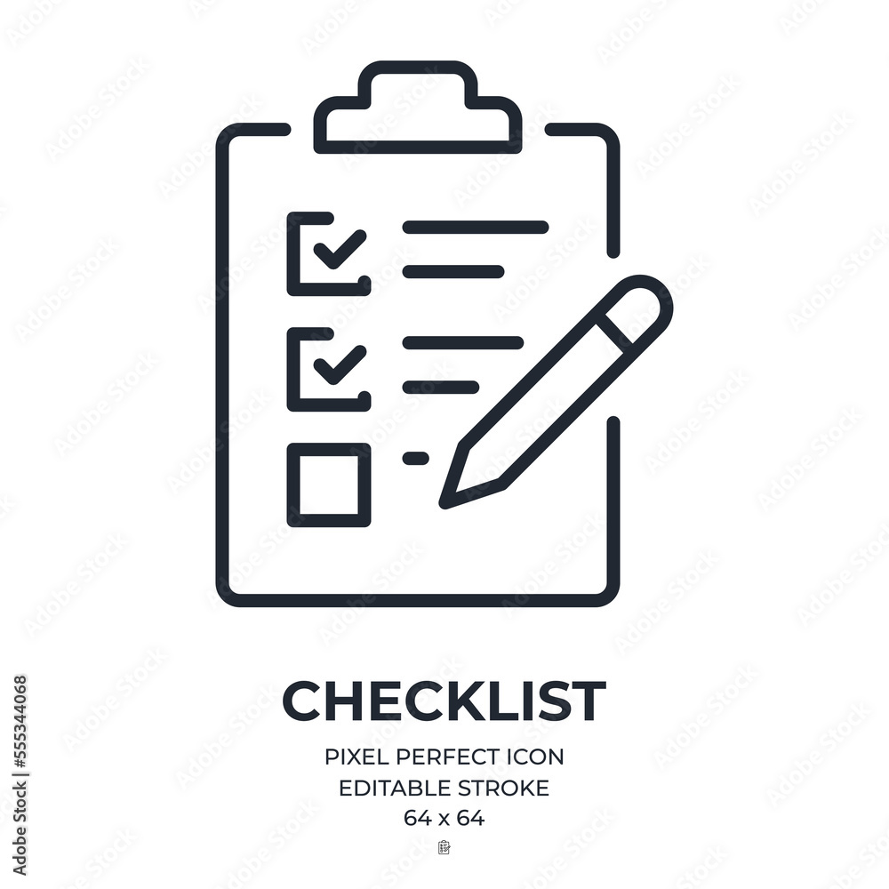 Checklist, survey or report editable stroke outline icon isolated on white background flat vector illustration. Pixel perfect. 64 x 64. - obrazy, fototapety, plakaty 