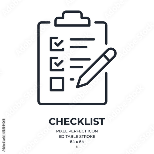 Checklist, survey or report editable stroke outline icon isolated on white background flat vector illustration. Pixel perfect. 64 x 64.