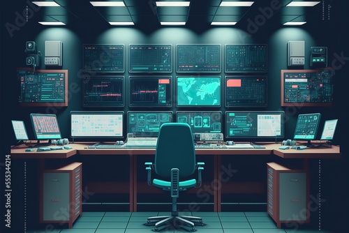 Empty interior of big modern security system control room, workstation with multiple displays, monitoring room with at security data center Empty office, desk. Generative AI