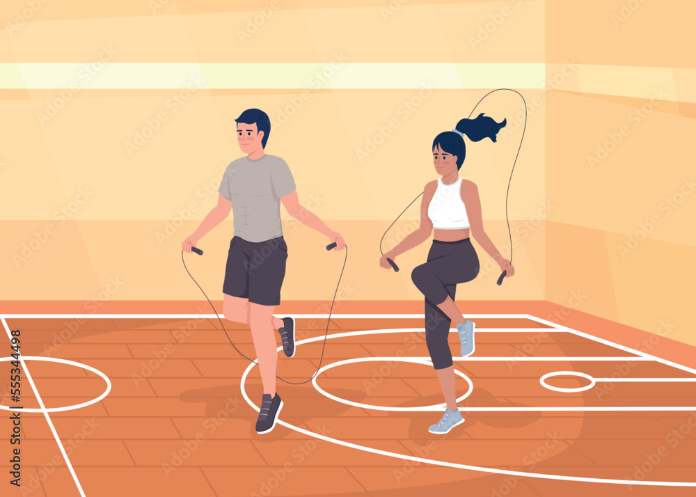 Obraz premium Doing jumping rope flat color vector illustration. Cardio workout. Training together in gym. Fitness activities. Fully editable 2D simple cartoon characters with sports hall on background
